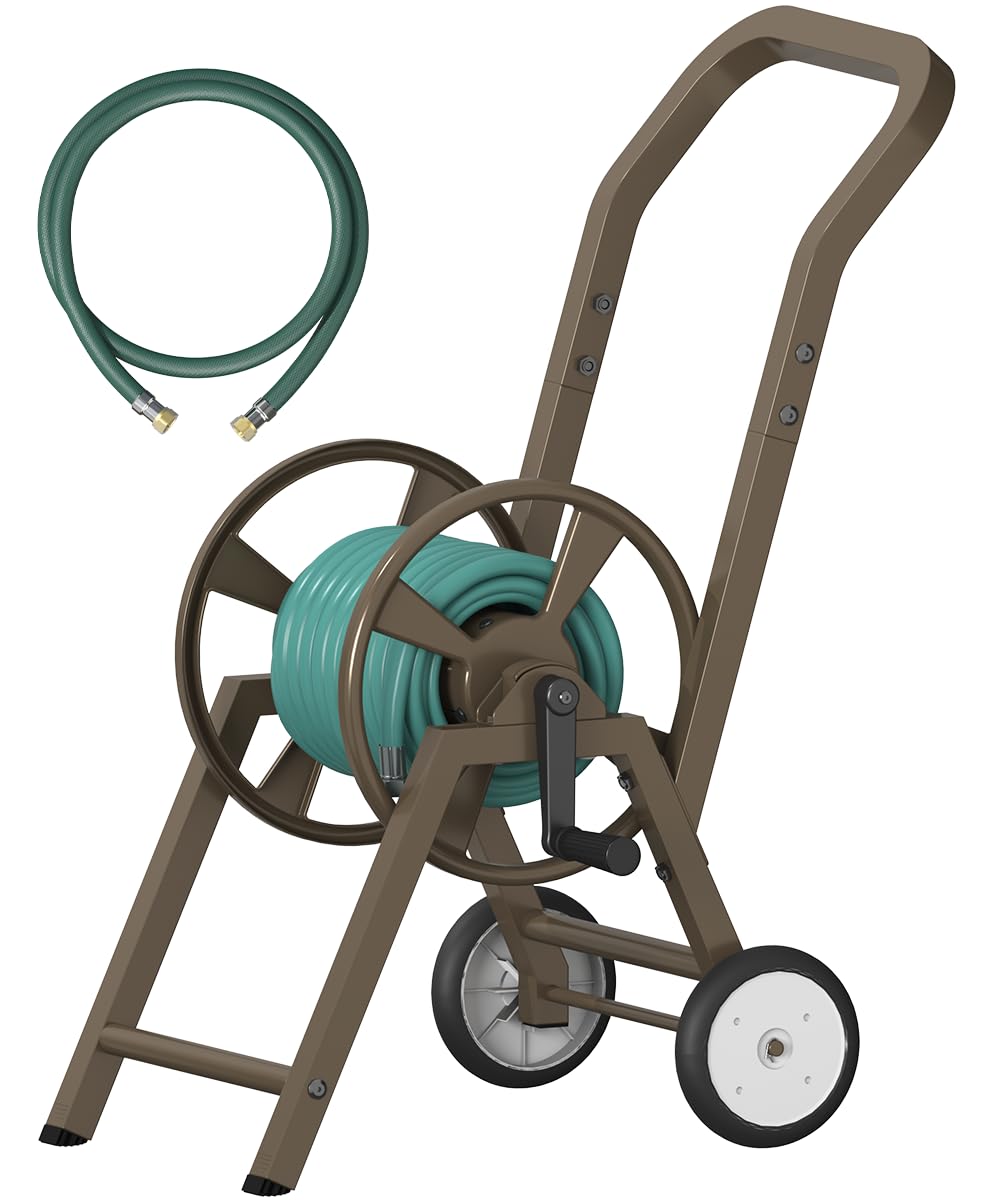 Garden Hose Reel Cart with Wheels, Holds 165 ft of 5/8'' Hose, Heavy Duty Steel, Brown I6805