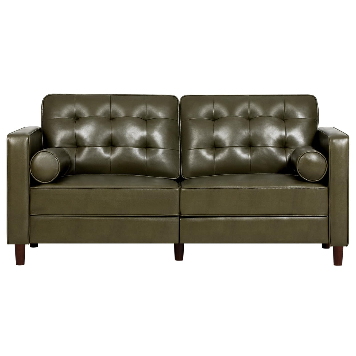 67" Olive Green Faux Leather 2-Seater Sofa with Bolster Pillows Y3797