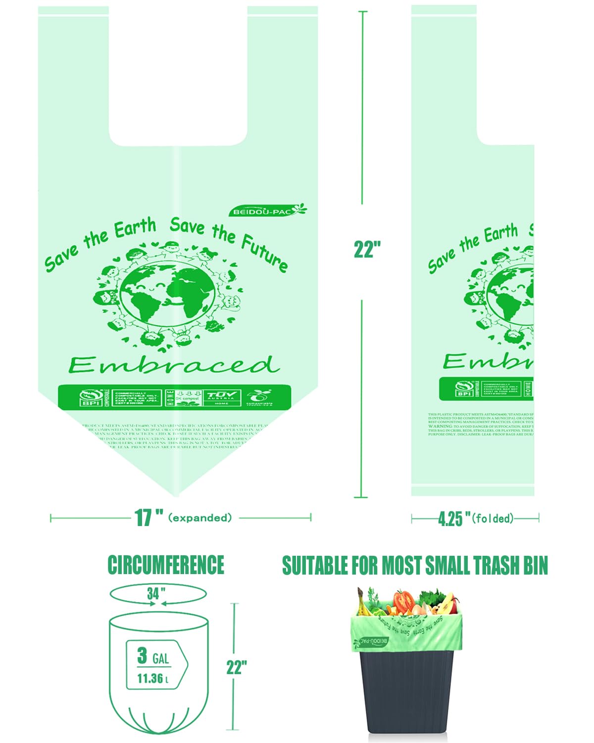 100% Compostable 3 Gallon Trash Bags with Handle, 200 Count G19664