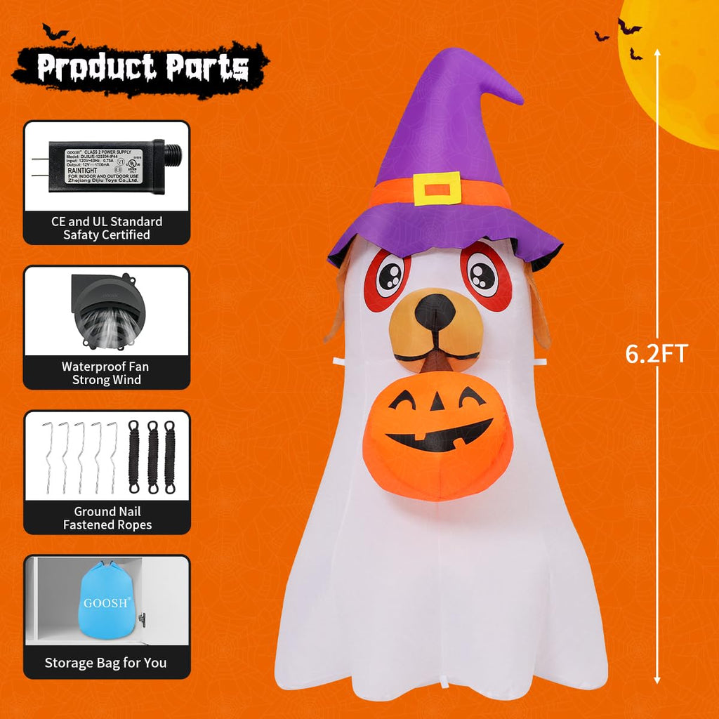 6.2 FT Halloween Inflatables Dog with Pumpkin Built-in LEDs B831943