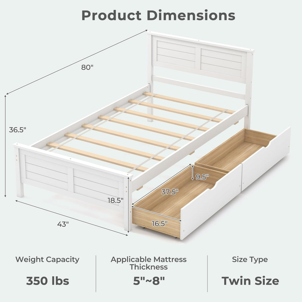 White Wood Twin Bed with 2 Storage Drawers E896