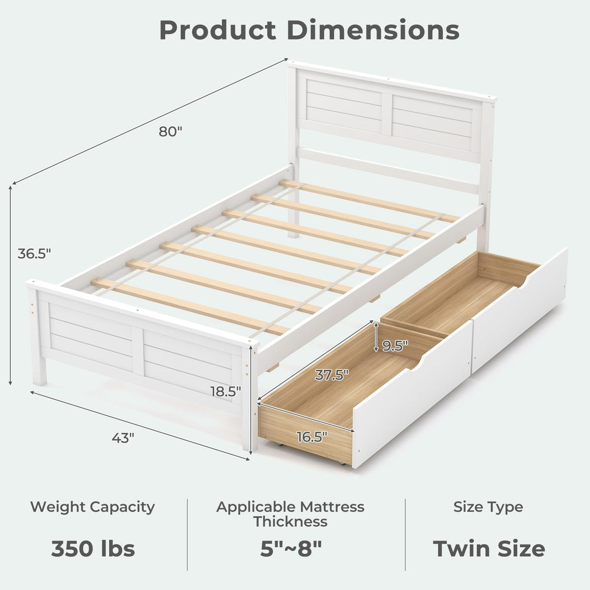White Wood Twin Bed with 2 Storage Drawers E896