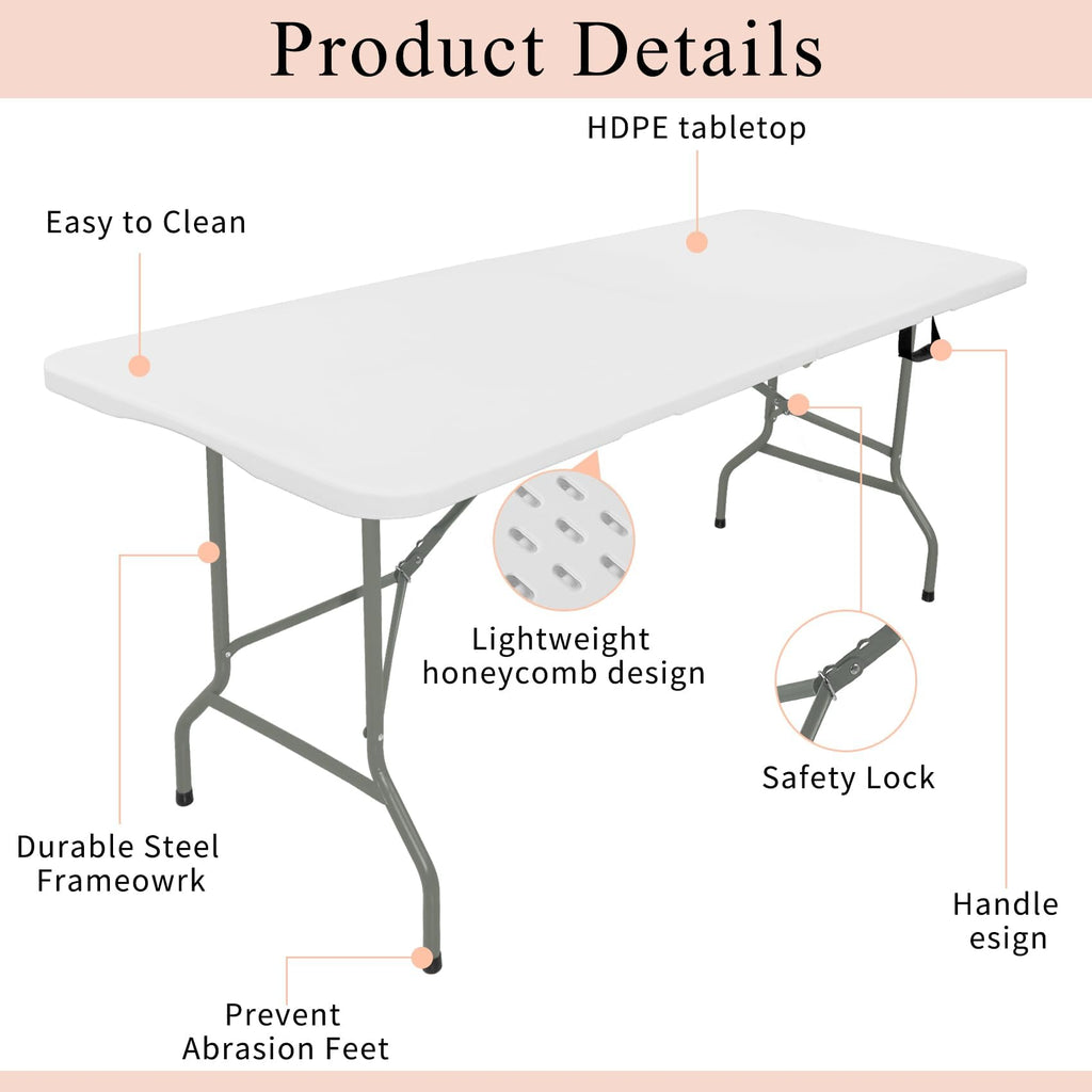 Set of 2 Lightweight 6FT Rectangular Plastic Folding Tables with Steel Legs Q769