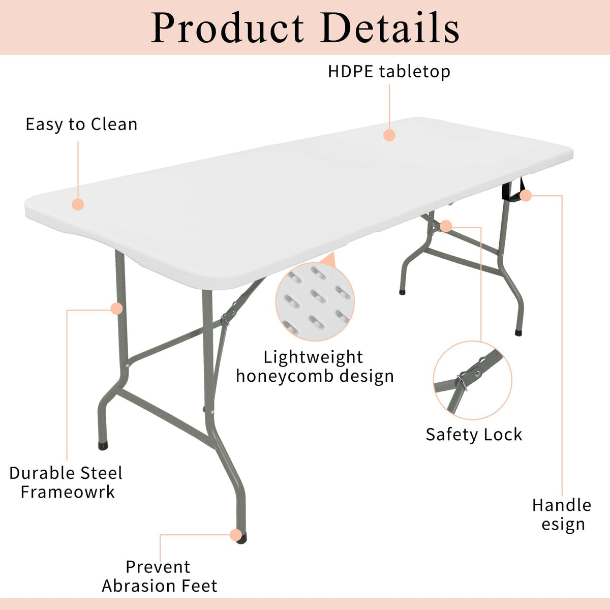 Set of 2 Lightweight 6FT Rectangular Plastic Folding Tables with Steel Legs Q769