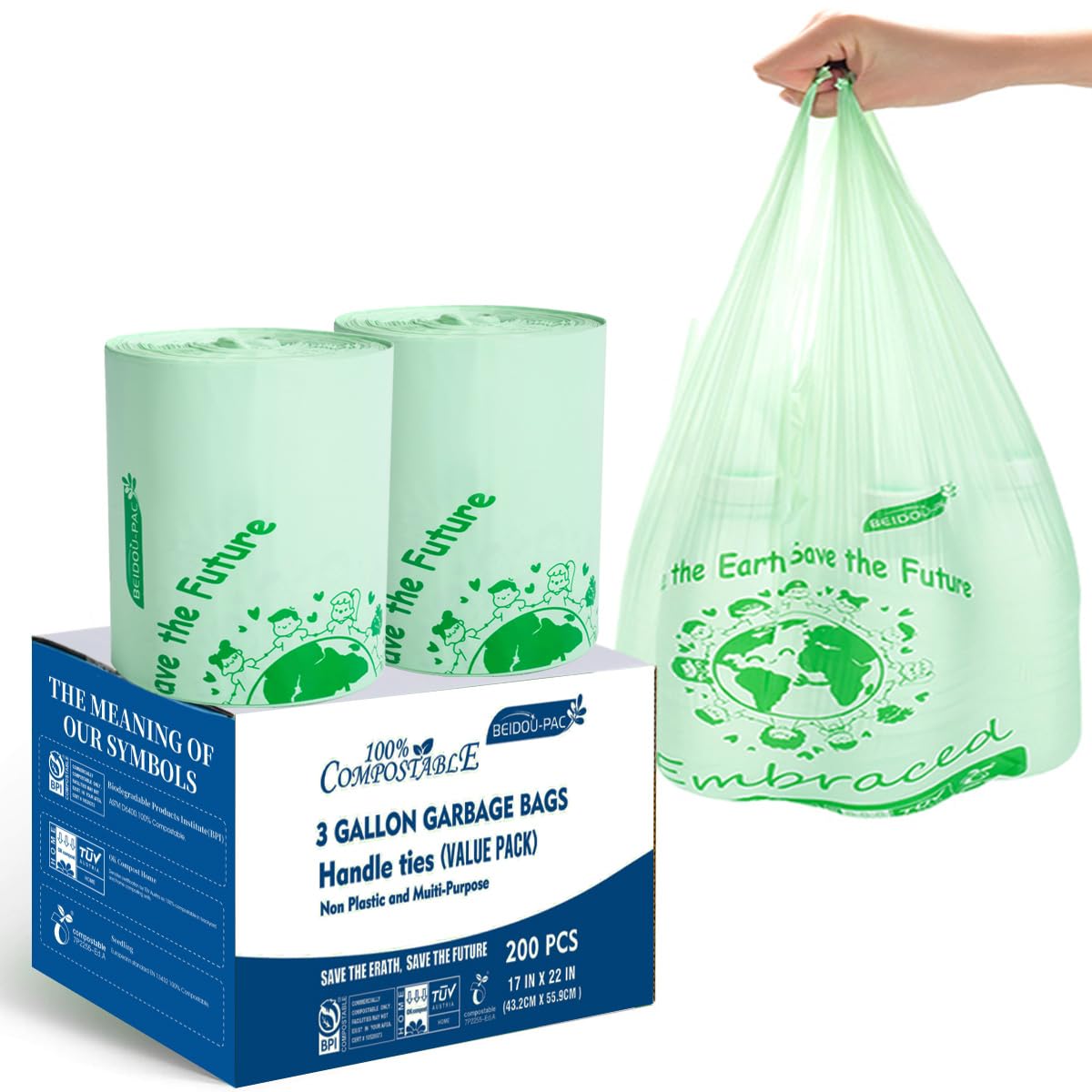 100% Compostable 3 Gallon Trash Bags with Handle, 200 Count G19664