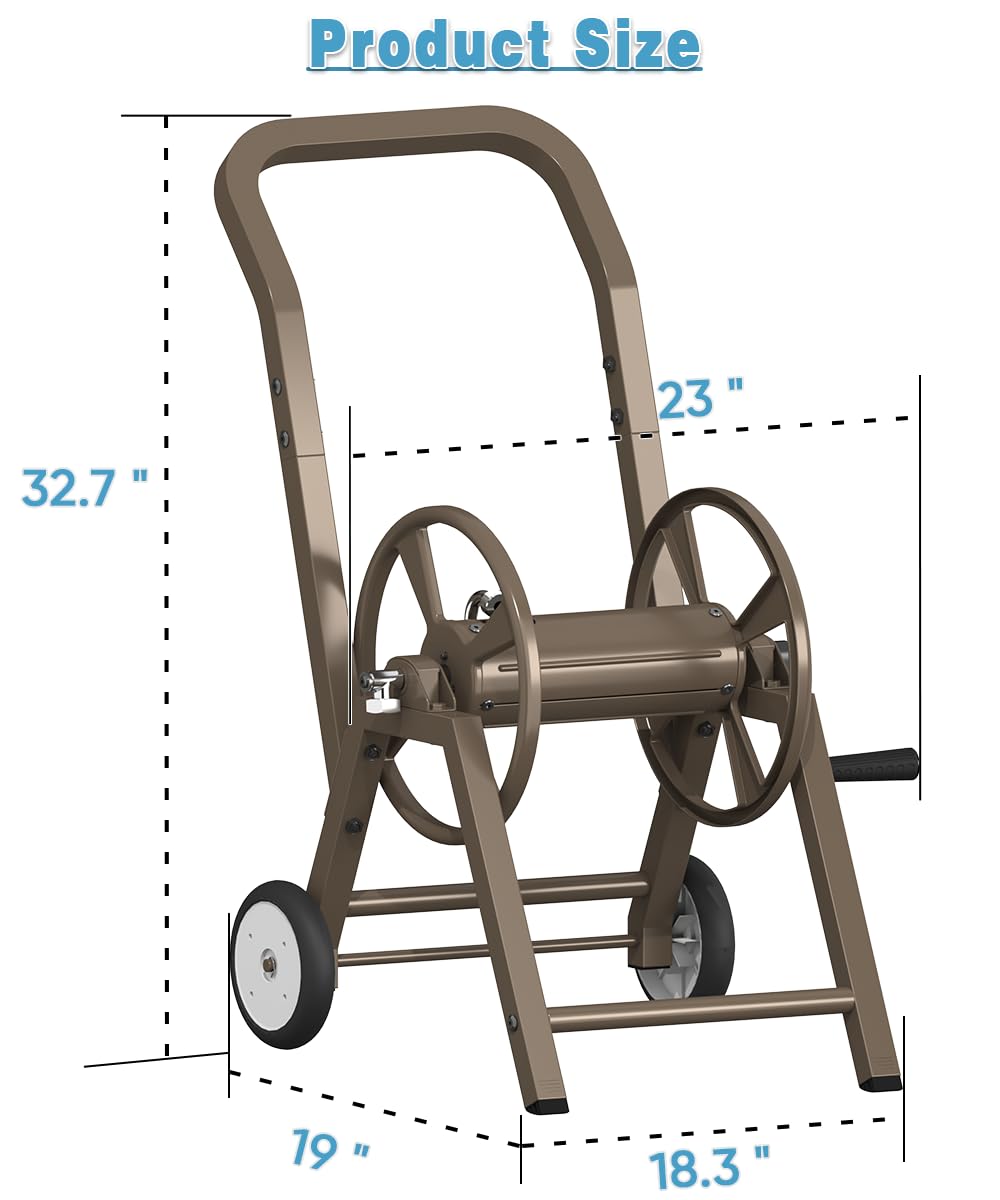 Garden Hose Reel Cart with Wheels, Holds 165 ft of 5/8'' Hose, Heavy Duty Steel, Brown I6805
