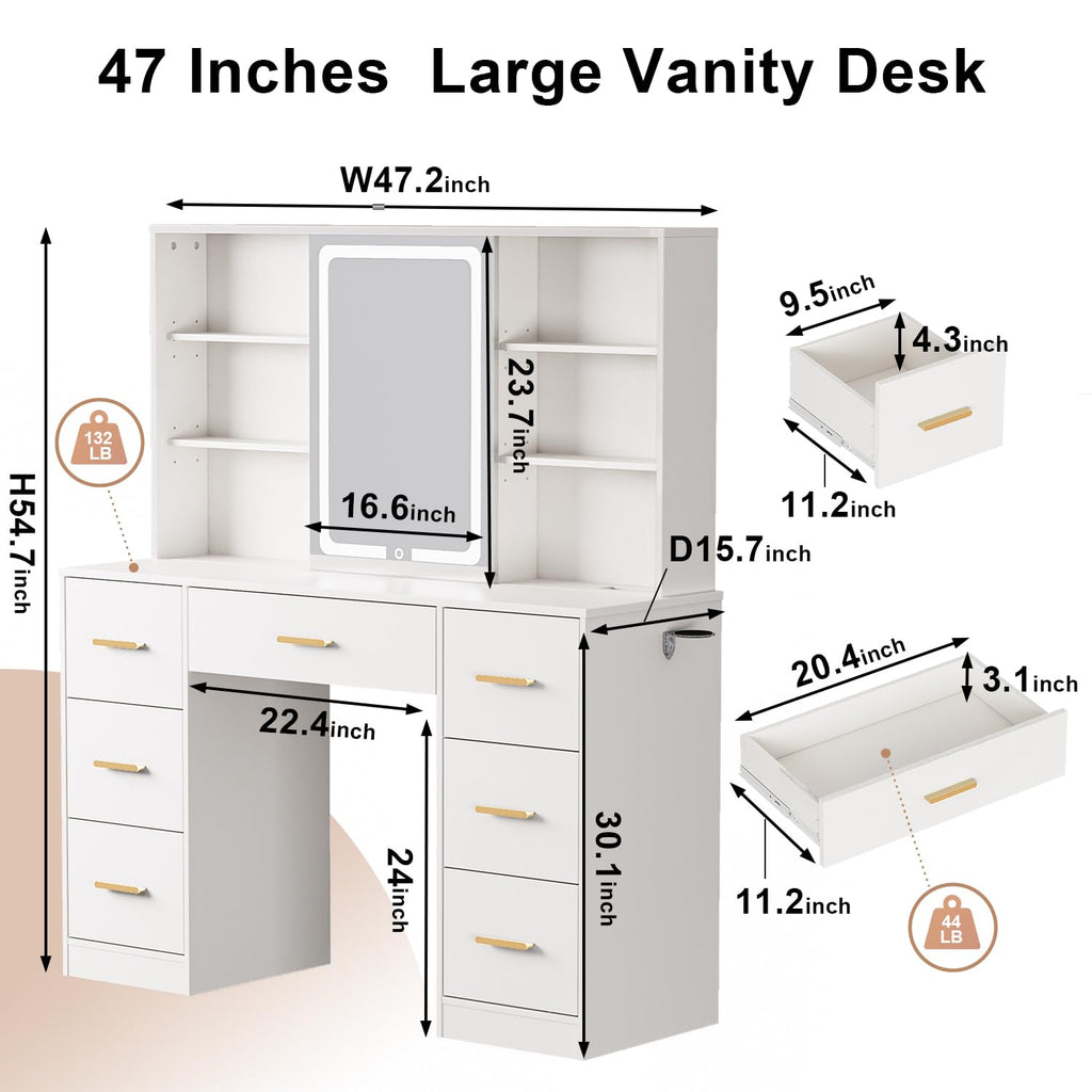 47'' White Vanity Desk with Mirror and Lights, 7 Drawers, 8 Storage Shelves R139
