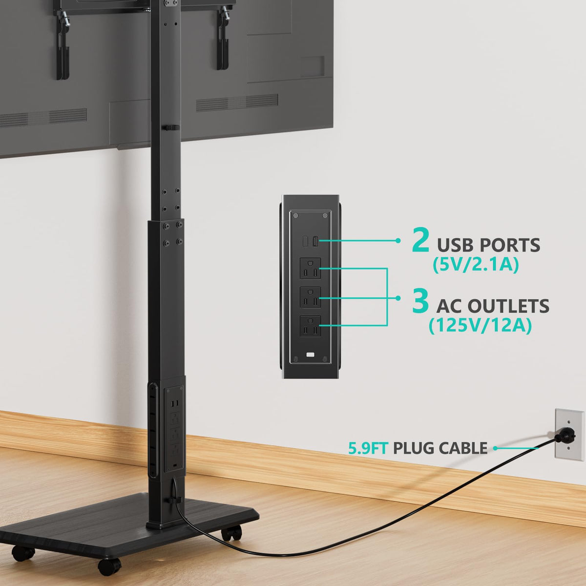 Rolling TV Stand with Power Outlet for 39-75 inch TV, Black L85334