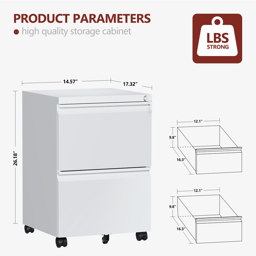 2 Drawer White Metal File Cabinet with Lock and Wheels K842269