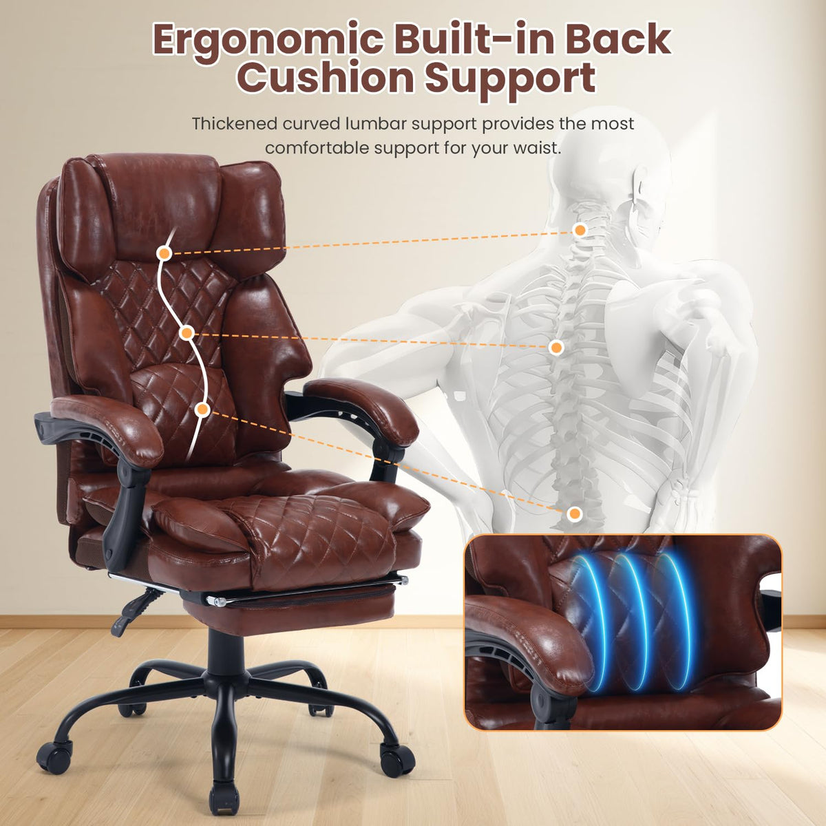 Brown Reclining Ergonomic Office Chair with Footrest B44738