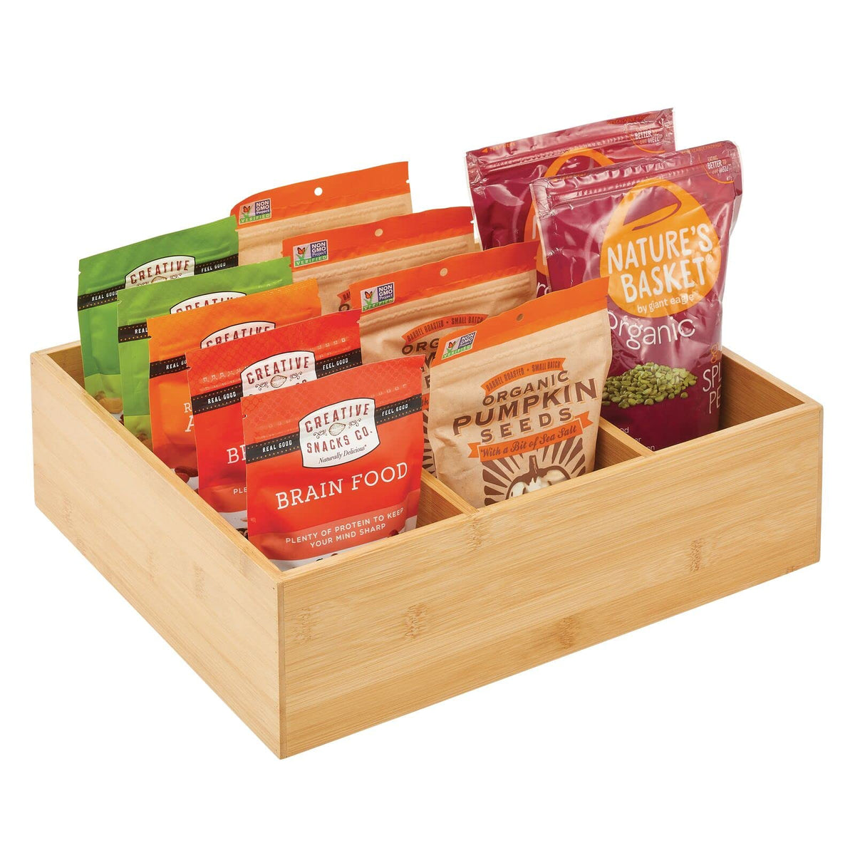 Bamboo 3 Section Stackable Pantry Organizer Bin, 2 Pack F155182