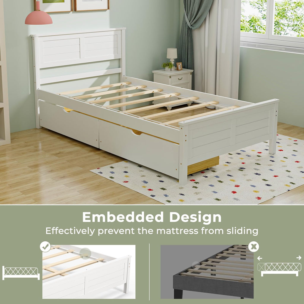 White Wood Twin Bed with 2 Storage Drawers E896