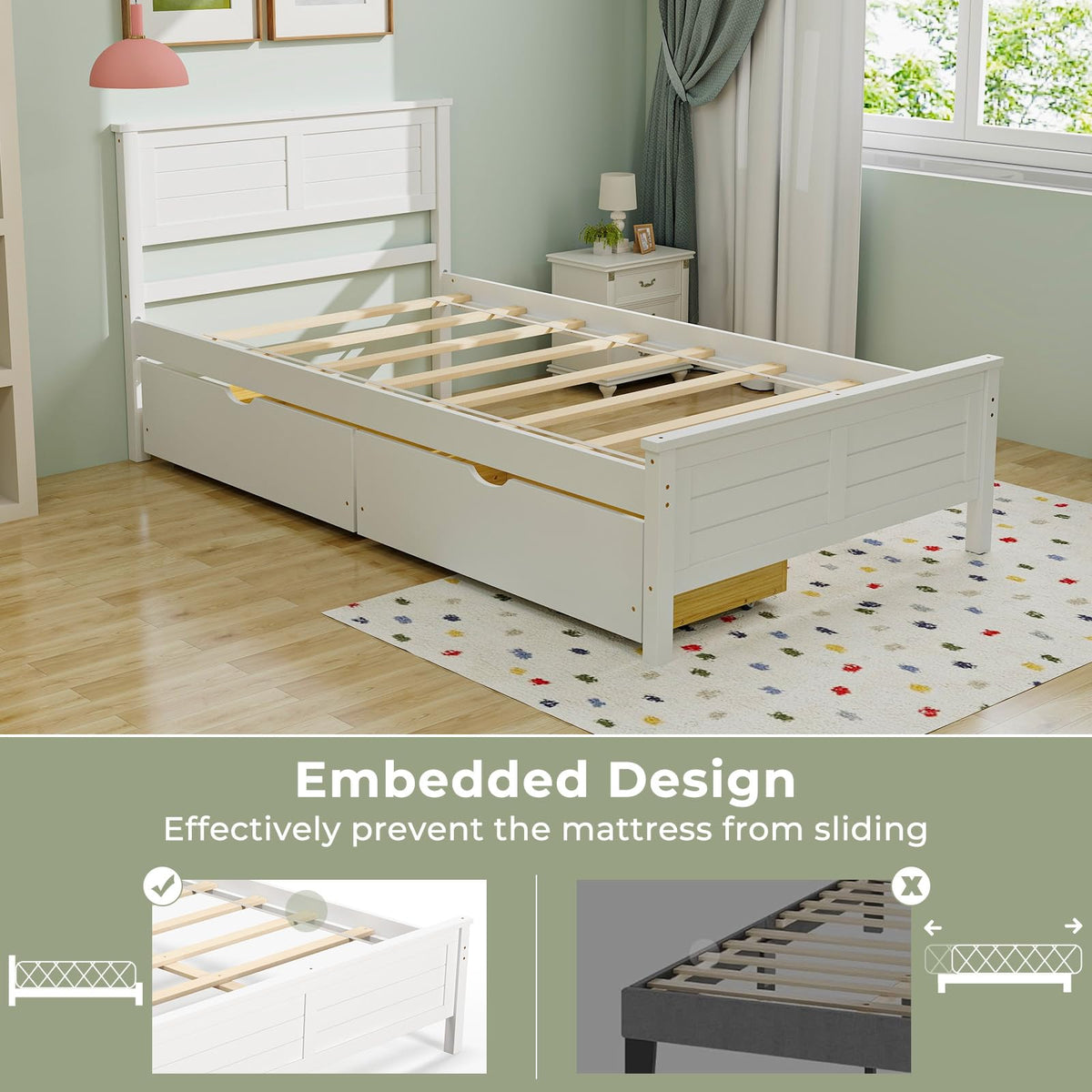 White Wood Twin Bed with 2 Storage Drawers E896