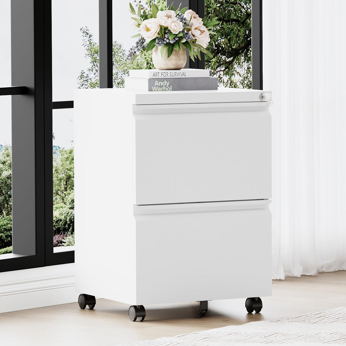 2 Drawer White Metal File Cabinet with Lock and Wheels K842269