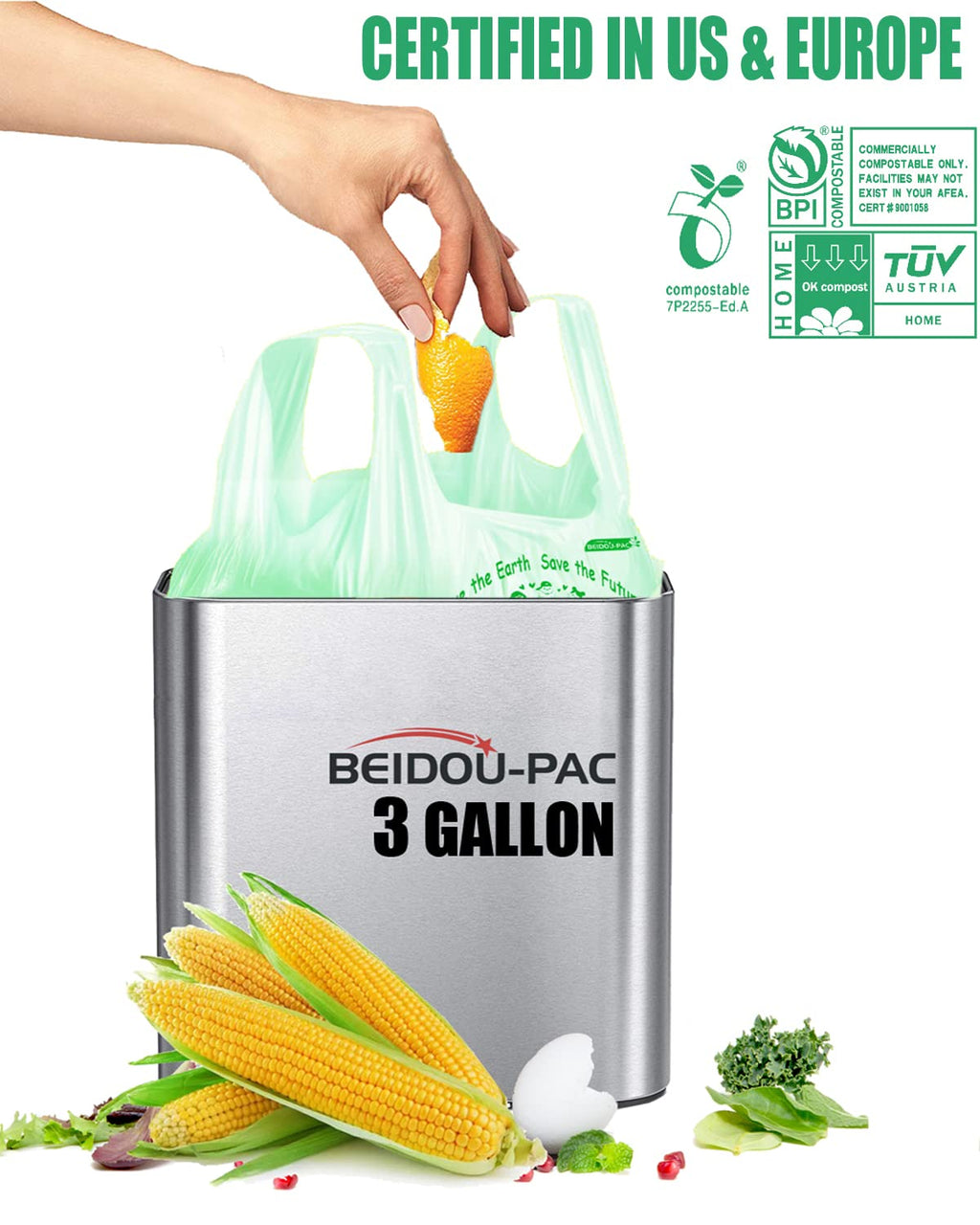100% Compostable 3 Gallon Trash Bags with Handle, 200 Count G19664