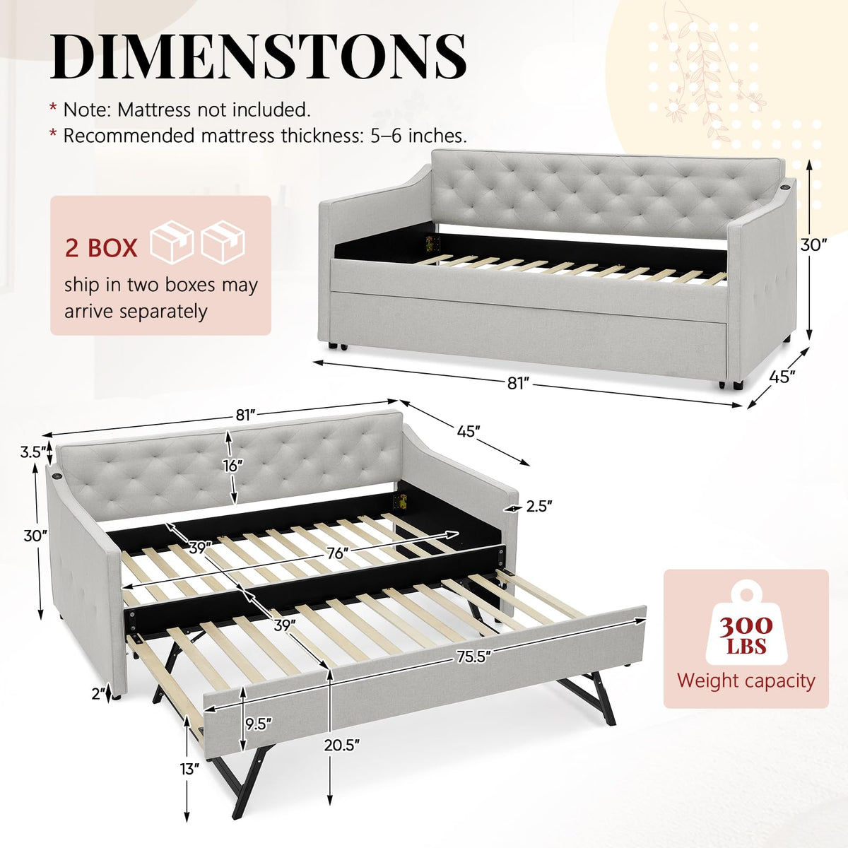 Twin to King Size Beige Daybed with Pop Up Trundle B65643