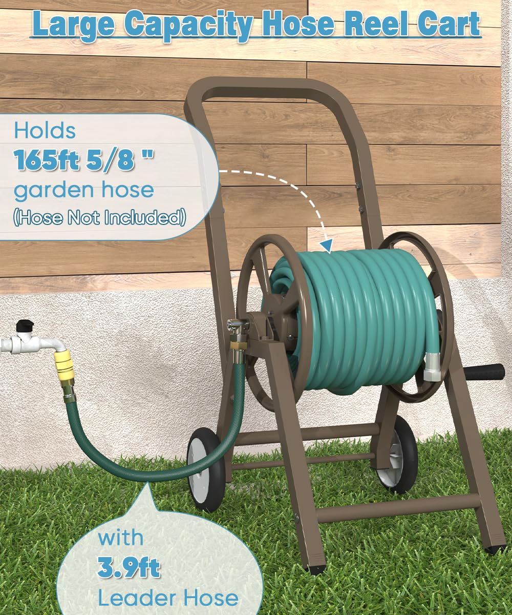 Garden Hose Reel Cart with Wheels, Holds 165 ft of 5/8'' Hose, Heavy Duty Steel, Brown I6805