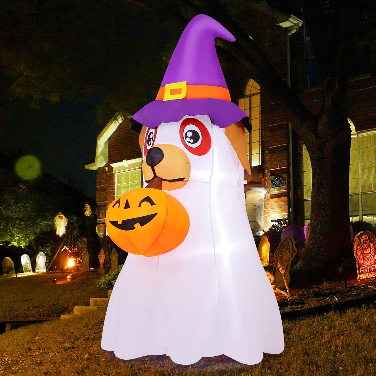 6.2 FT Halloween Inflatables Dog with Pumpkin Built-in LEDs B831943