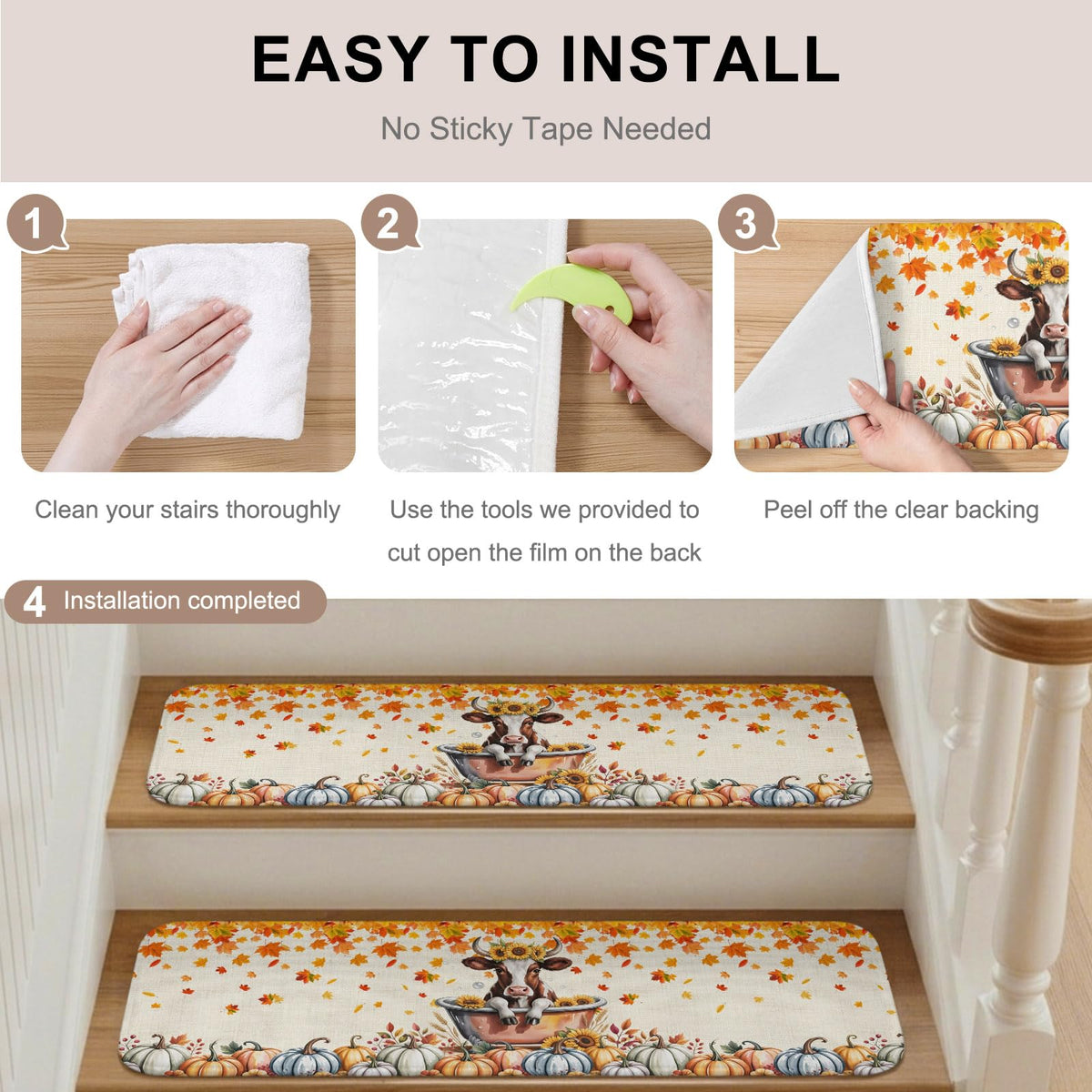 Fall Pumpkin Maple Leaves Non Slip Carpet Stair Treads 4 Pack 8"x30" L816