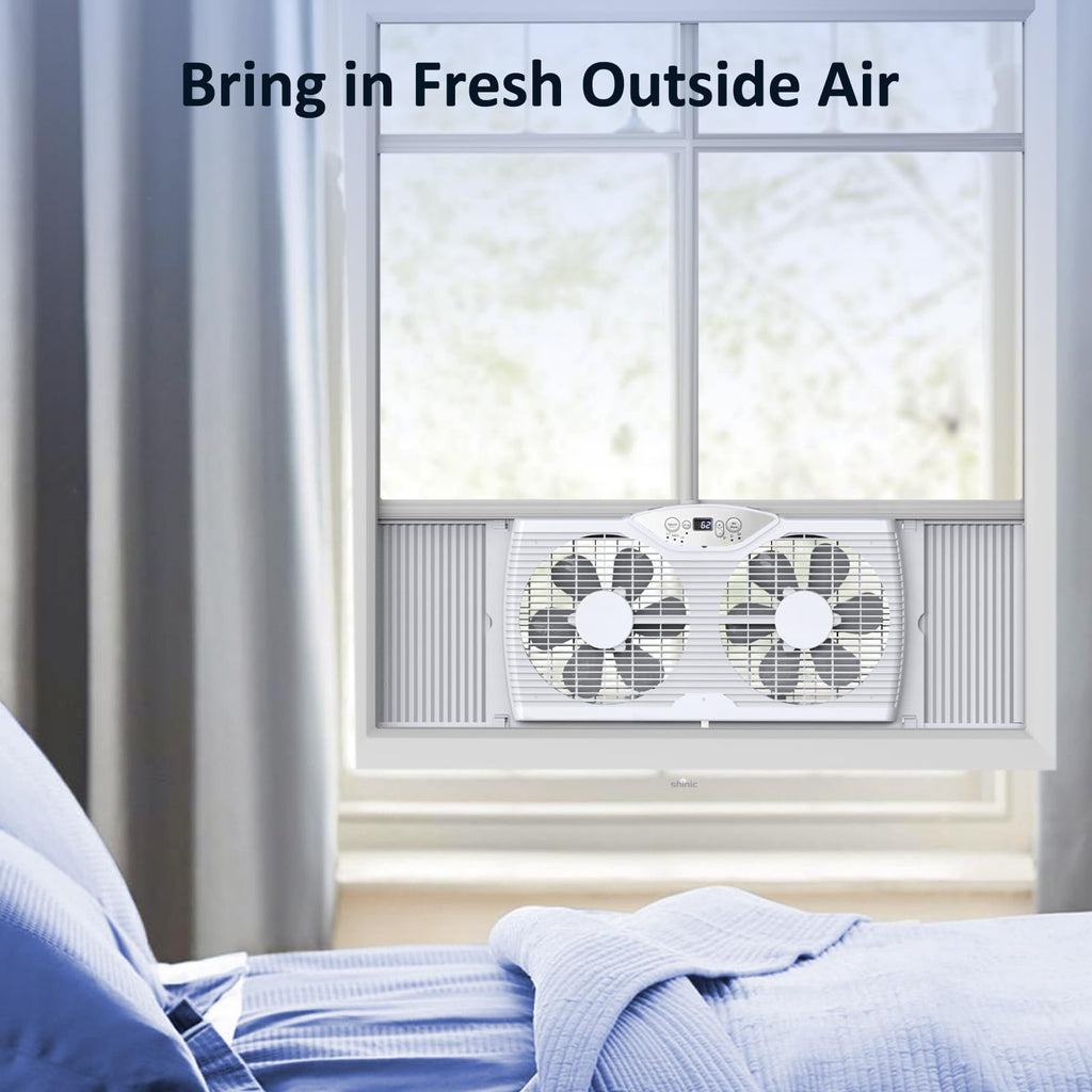 Twin Window Fan, 9-Inch Blades Reversible Airflow, Thermostat Control, 3 Speeds, 23.5"-37" Expandable Width F5216