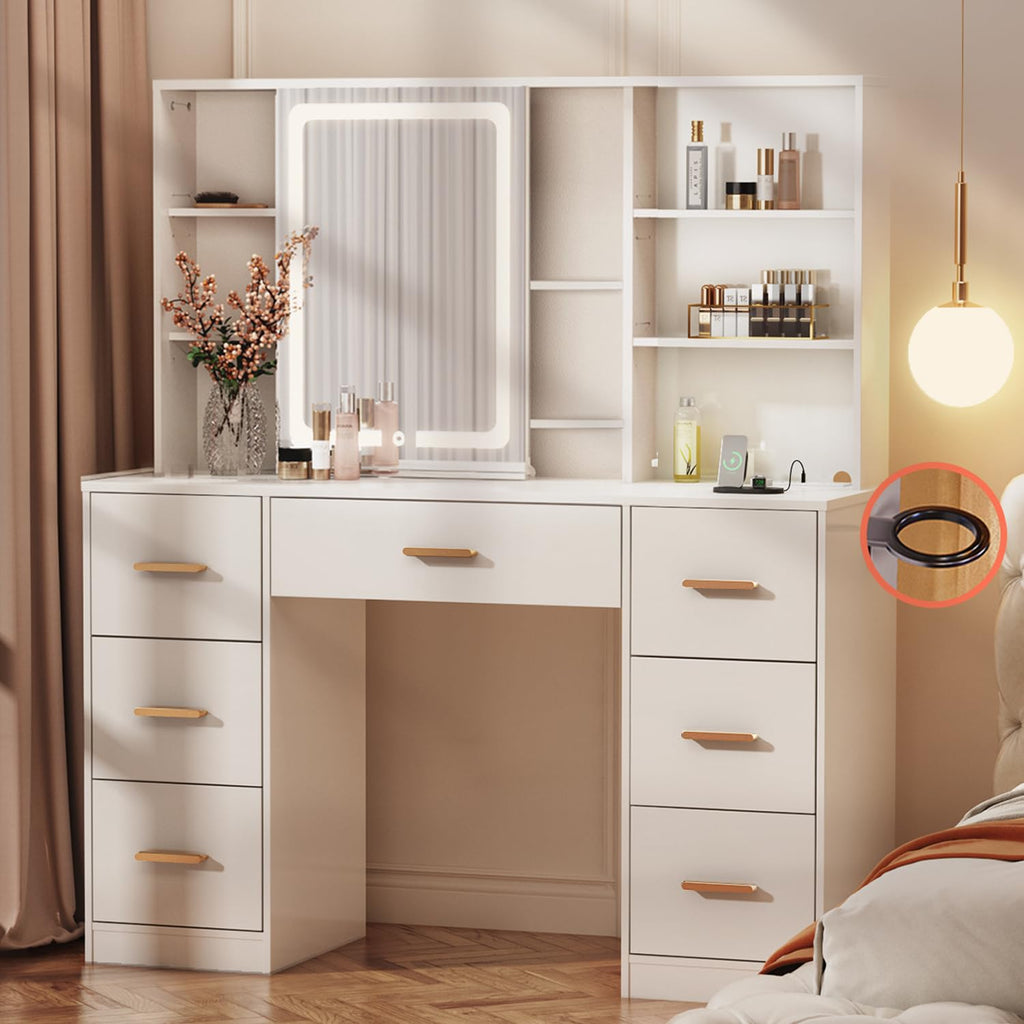 47'' White Vanity Desk with Mirror and Lights, 7 Drawers, 8 Storage Shelves R139