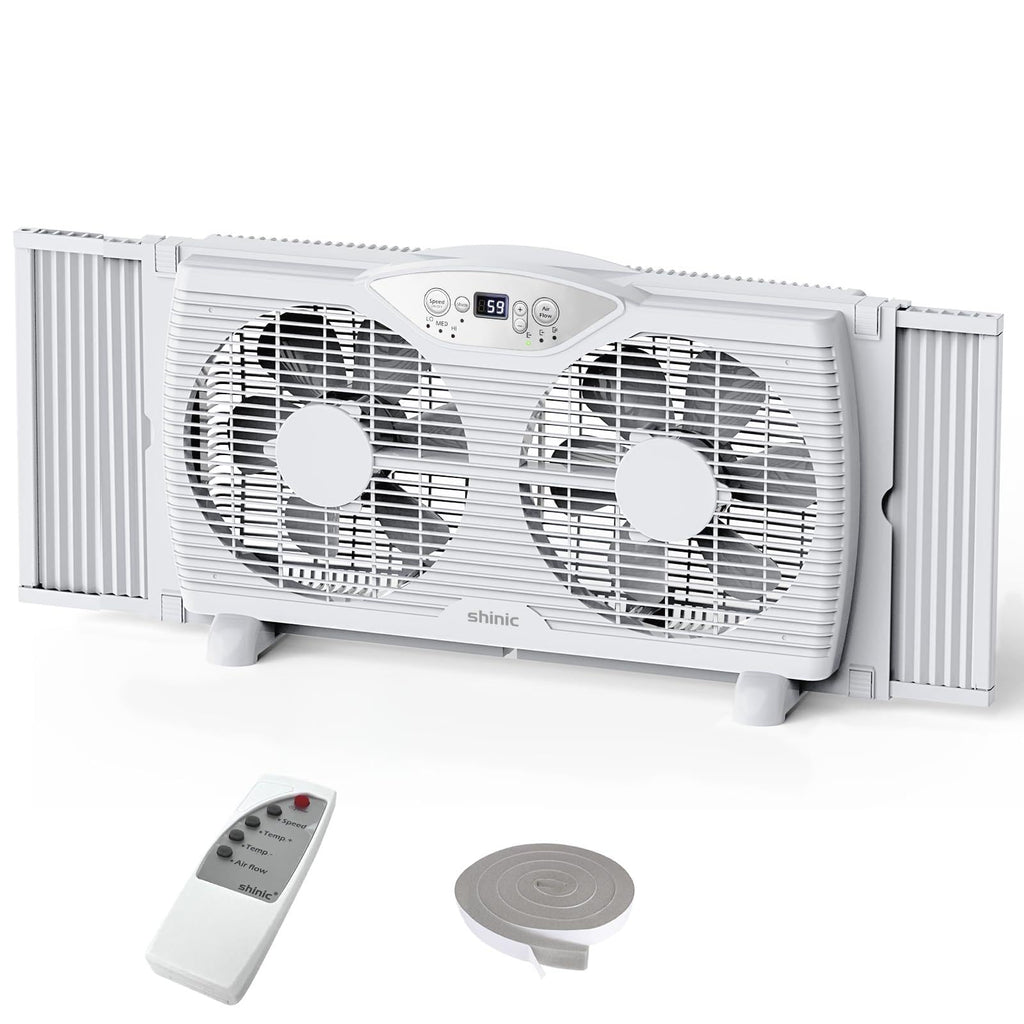 Twin Window Fan, 9-Inch Blades Reversible Airflow, Thermostat Control, 3 Speeds, 23.5"-37" Expandable Width F5216
