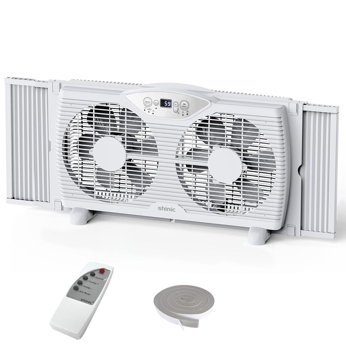 Twin Window Fan, 9-Inch Blades Reversible Airflow, Thermostat Control, 3 Speeds, 23.5"-37" Expandable Width F5216