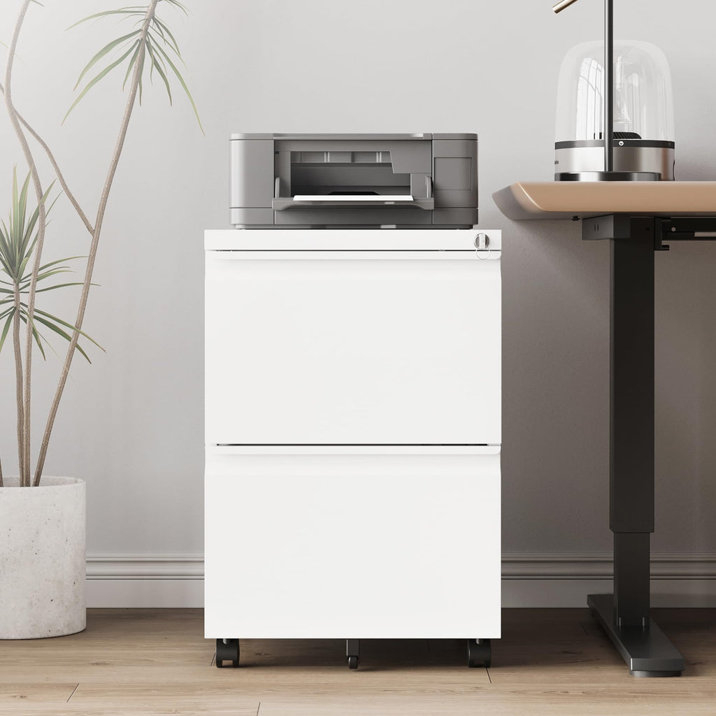 2 Drawer White Metal File Cabinet with Lock and Wheels K842269