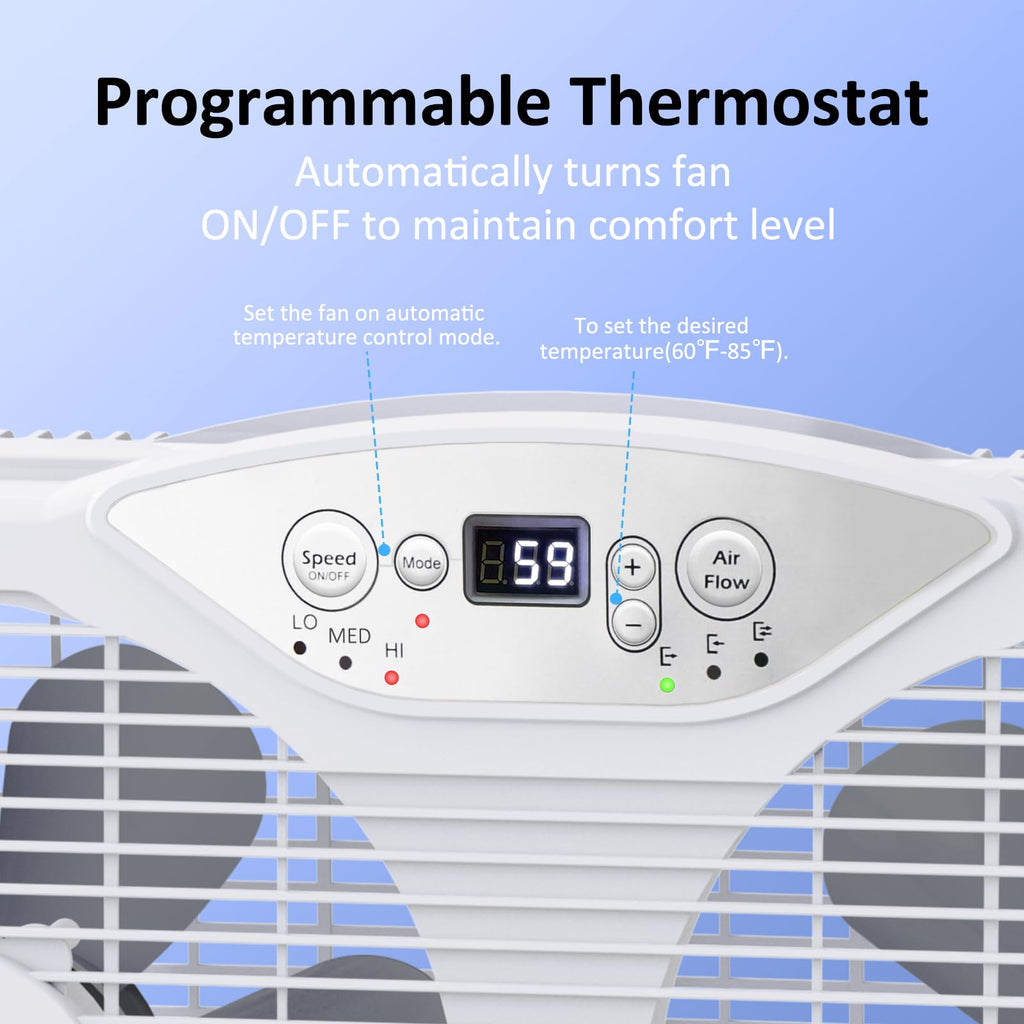 Twin Window Fan, 9-Inch Blades Reversible Airflow, Thermostat Control, 3 Speeds, 23.5"-37" Expandable Width F5216