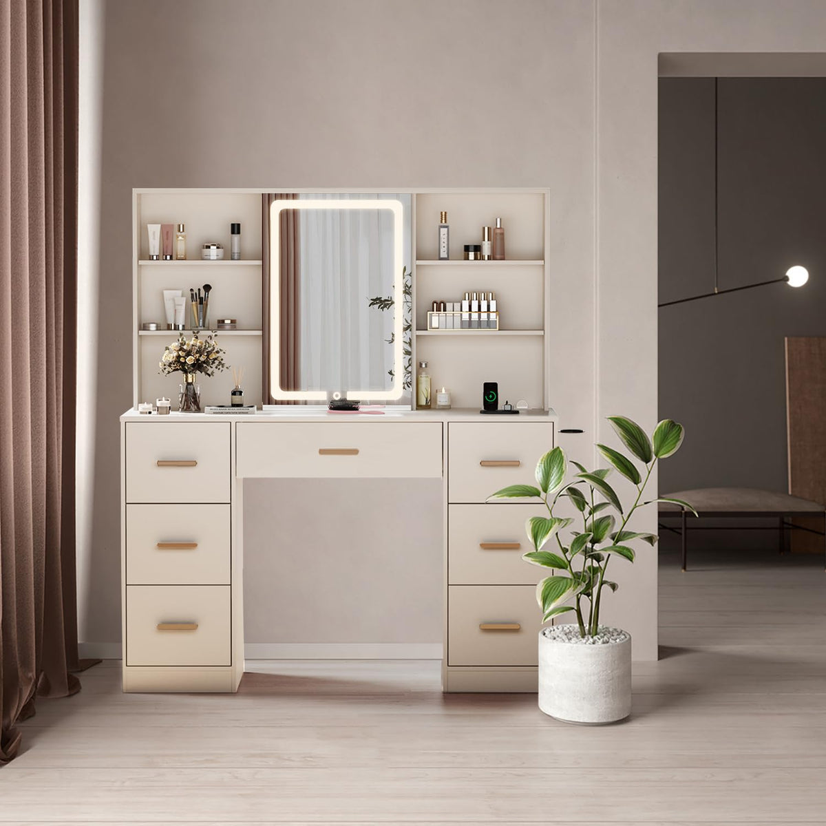 47'' White Vanity Desk with Mirror and Lights, 7 Drawers, 8 Storage Shelves R139