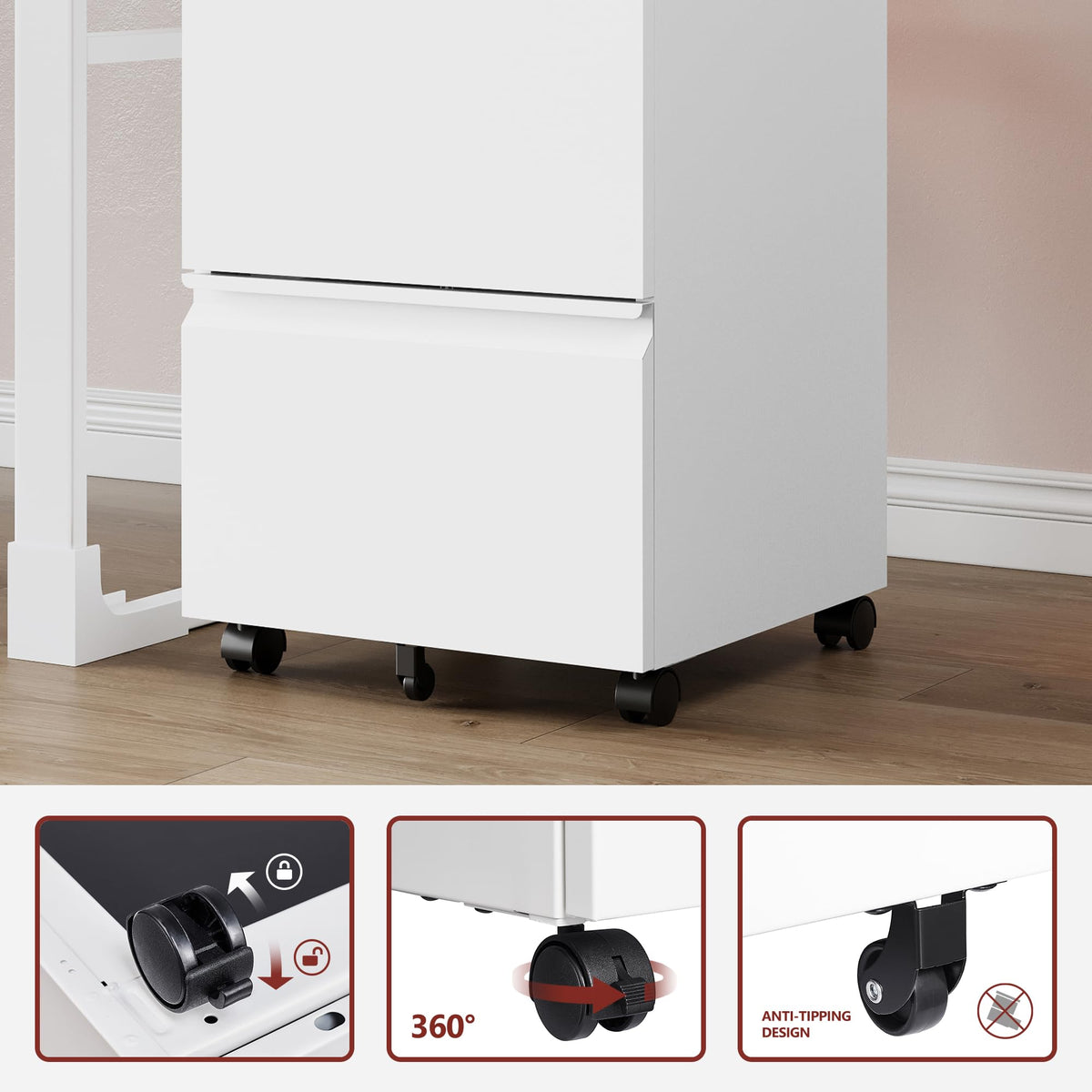2 Drawer White Metal File Cabinet with Lock and Wheels K842269