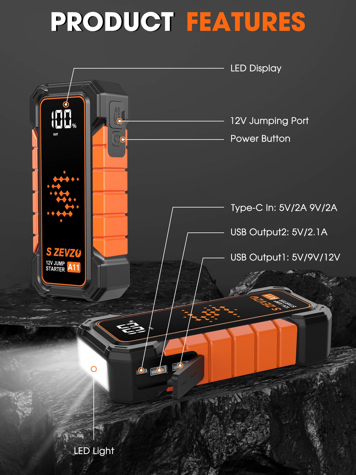 5000A Portable 12V Lithium Jump Starter with USB Charger O507