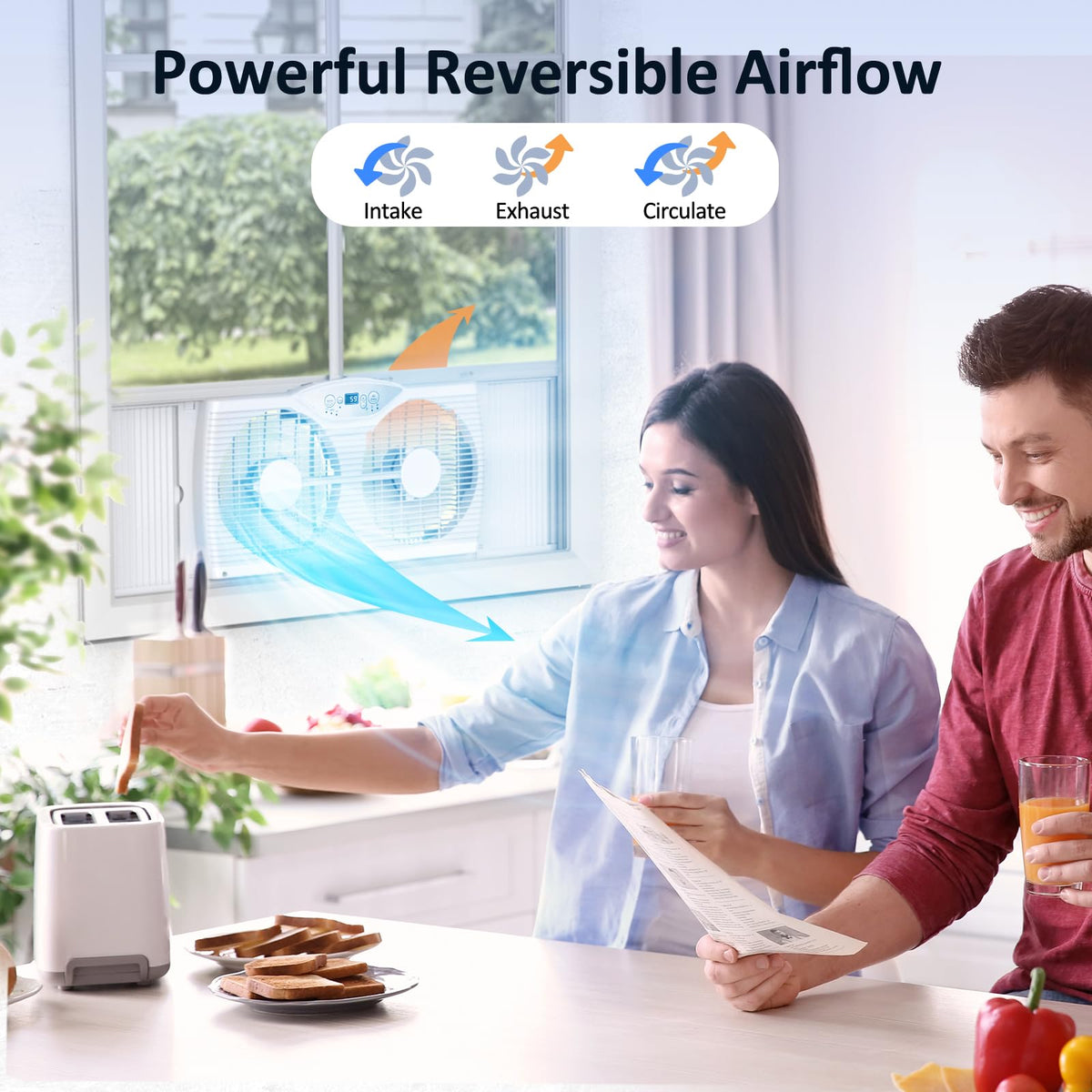 Twin Window Fan, 9-Inch Blades Reversible Airflow, Thermostat Control, 3 Speeds, 23.5"-37" Expandable Width F5216