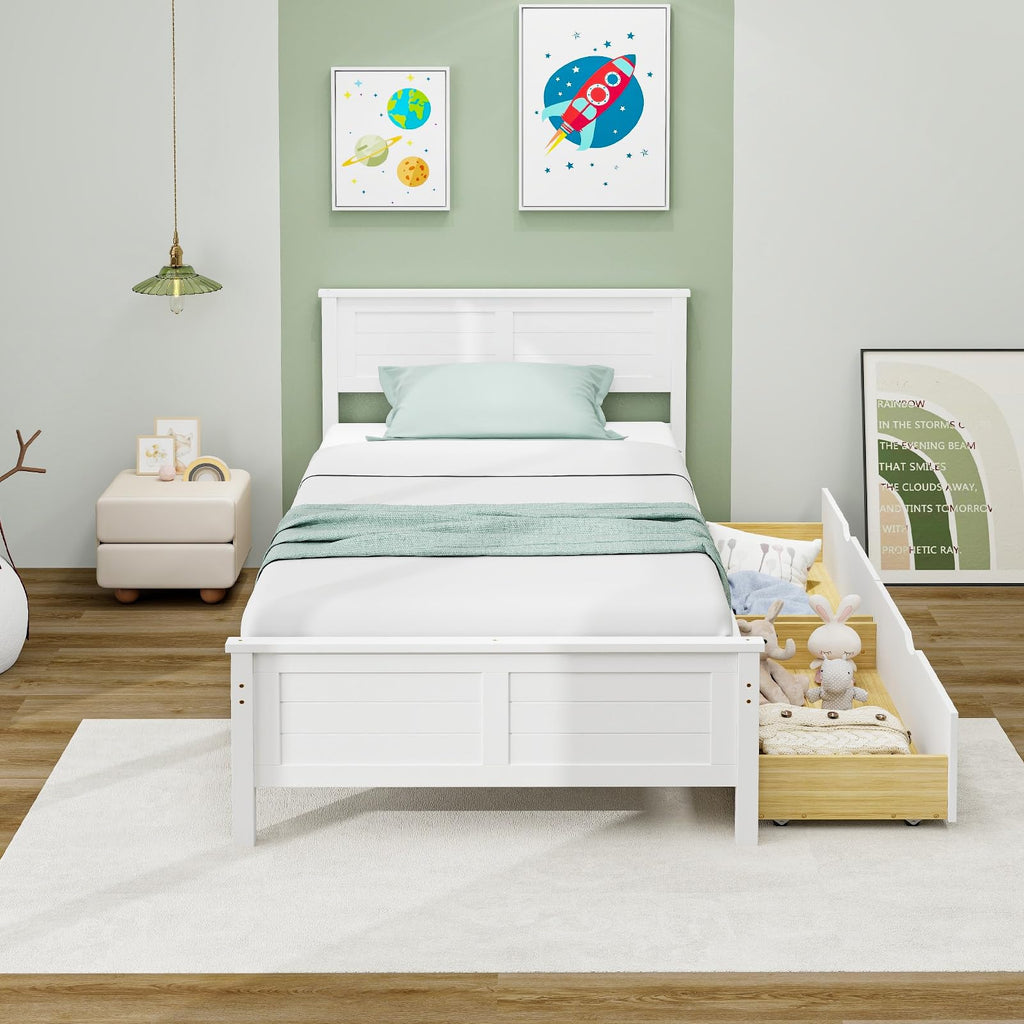White Wood Twin Bed with 2 Storage Drawers E896