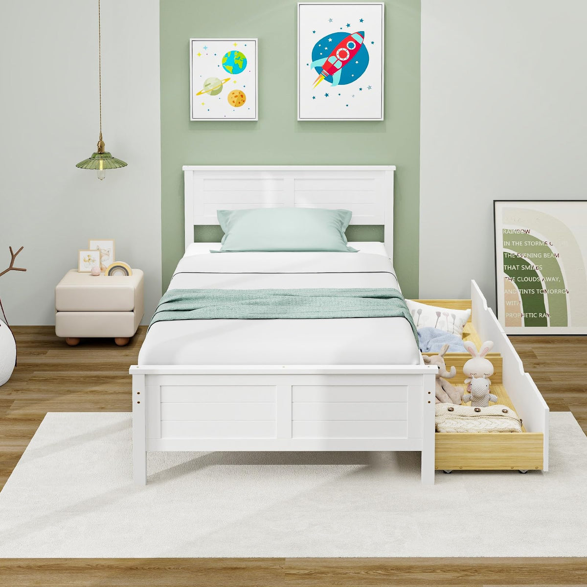 White Wood Twin Bed with 2 Storage Drawers E896