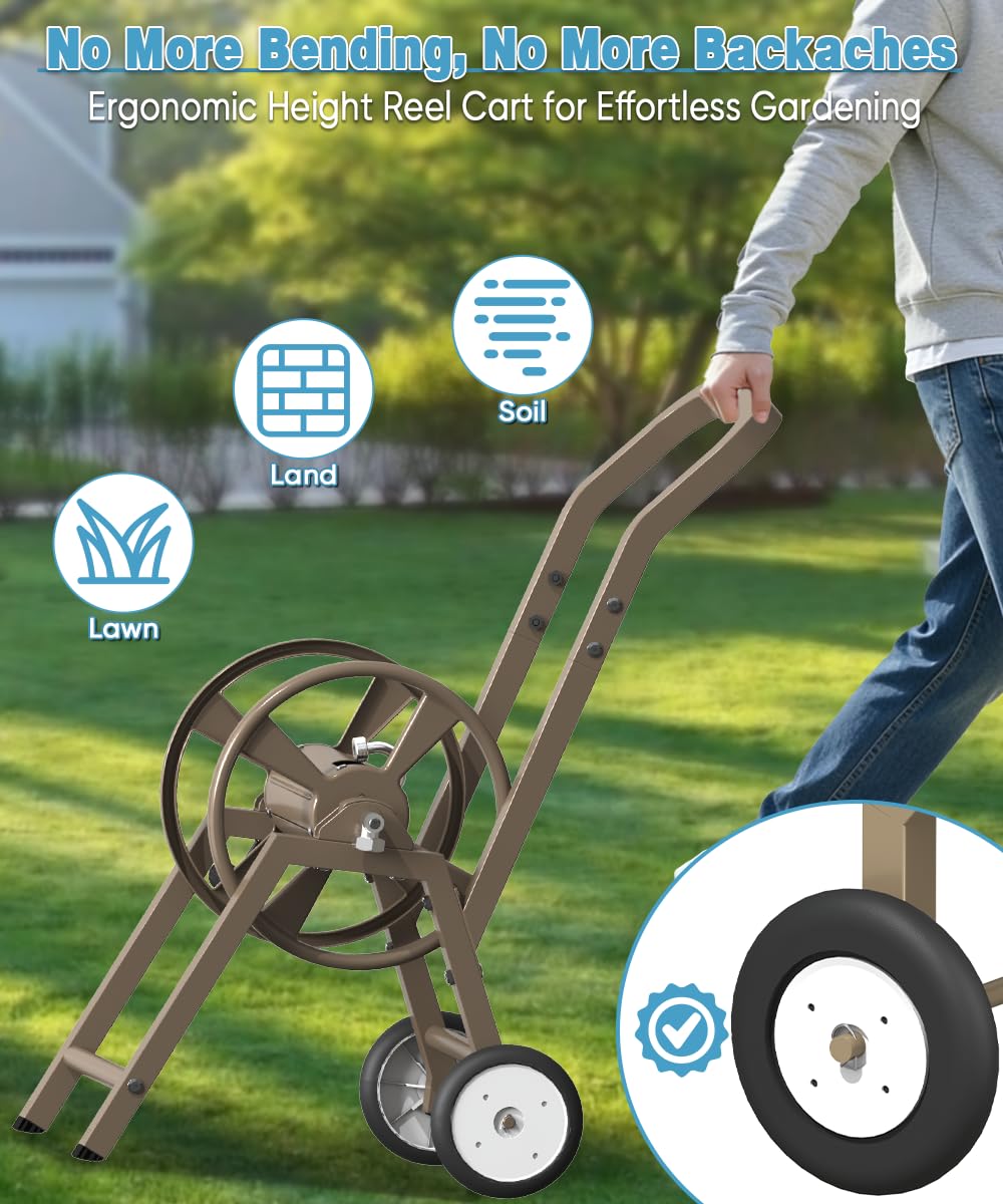 Garden Hose Reel Cart with Wheels, Holds 165 ft of 5/8'' Hose, Heavy Duty Steel, Brown I6805