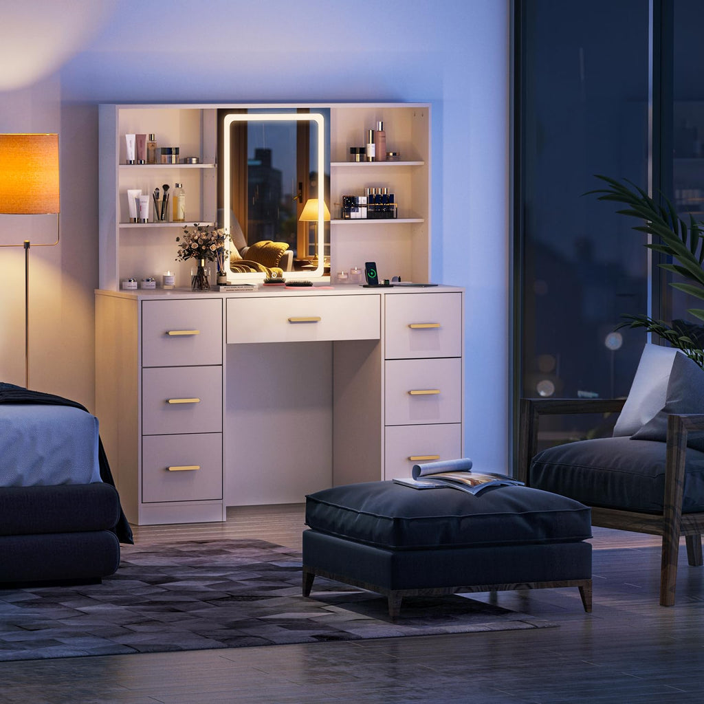 47'' White Vanity Desk with Mirror and Lights, 7 Drawers, 8 Storage Shelves R139