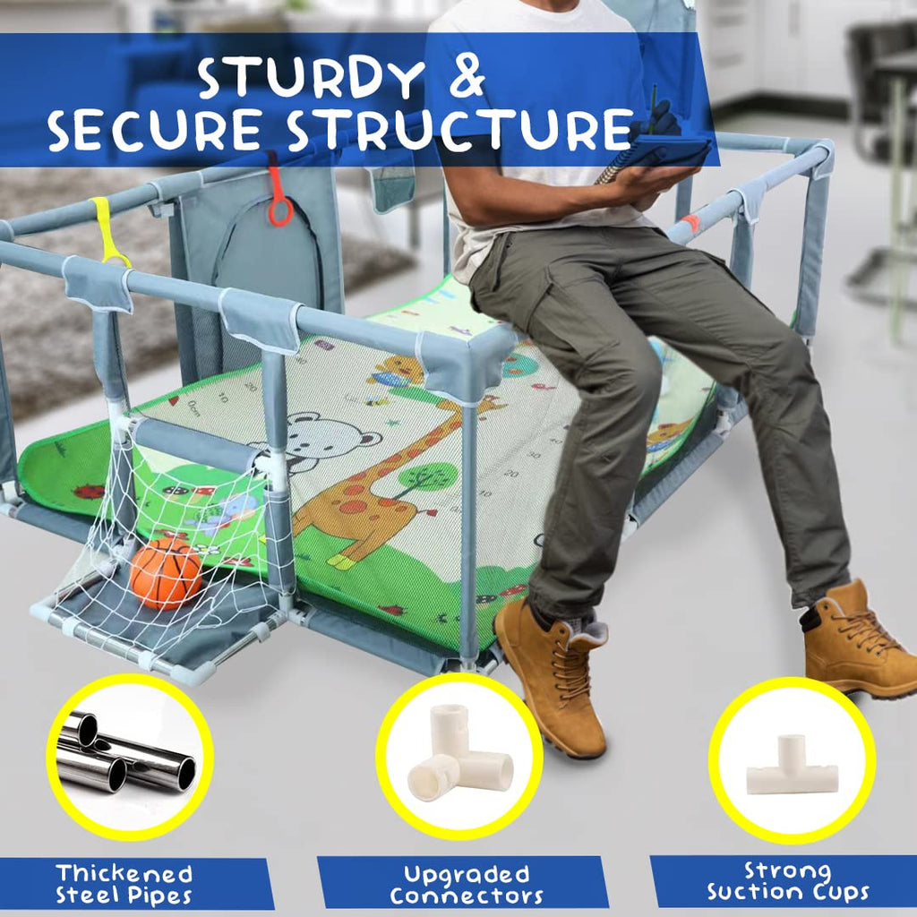Large Baby Playpen with Foldable Mat, Basketball Hoop, Soccer Nets, 20 Balls, 4 Pull-Up Rings P4719