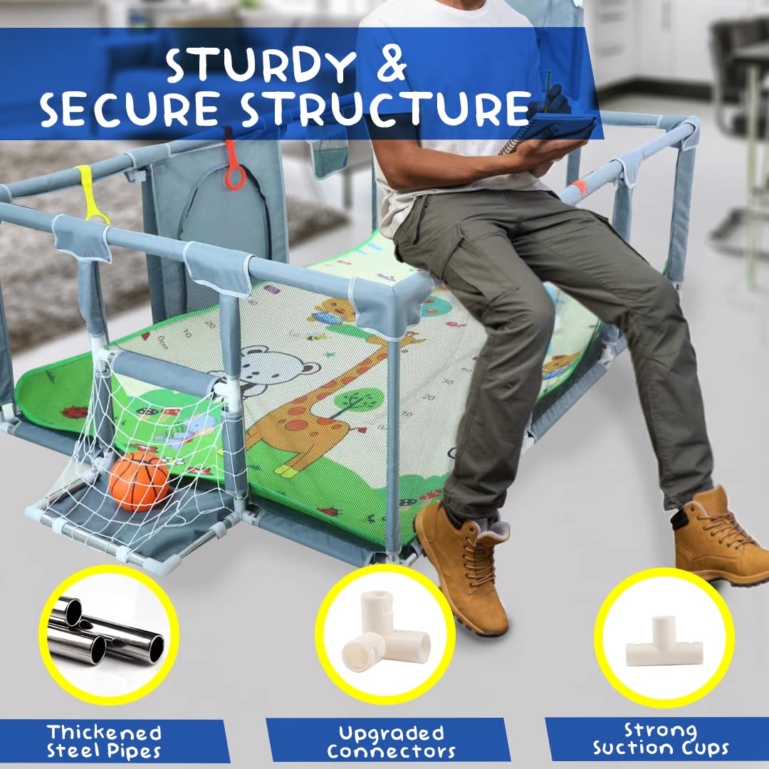 Large Baby Playpen with Foldable Mat, Basketball Hoop, Soccer Nets, 20 Balls, 4 Pull-Up Rings P4719