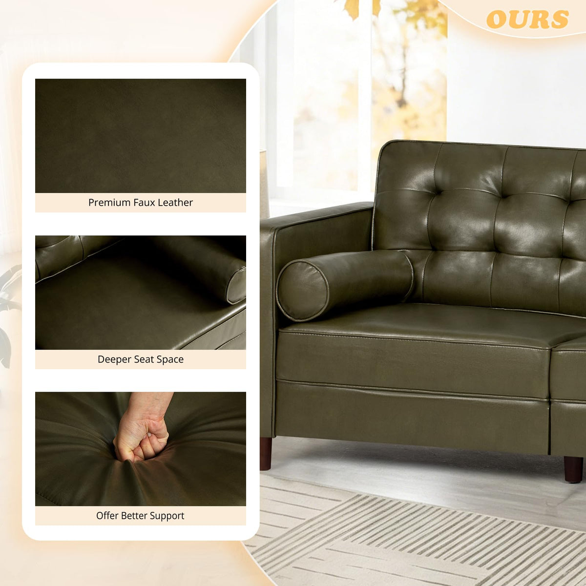 67" Olive Green Faux Leather 2-Seater Sofa with Bolster Pillows Y3797