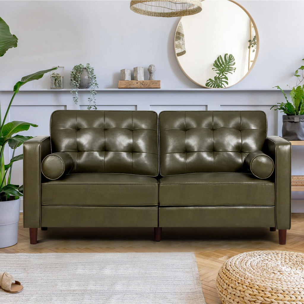 67" Olive Green Faux Leather 2-Seater Sofa with Bolster Pillows Y3797