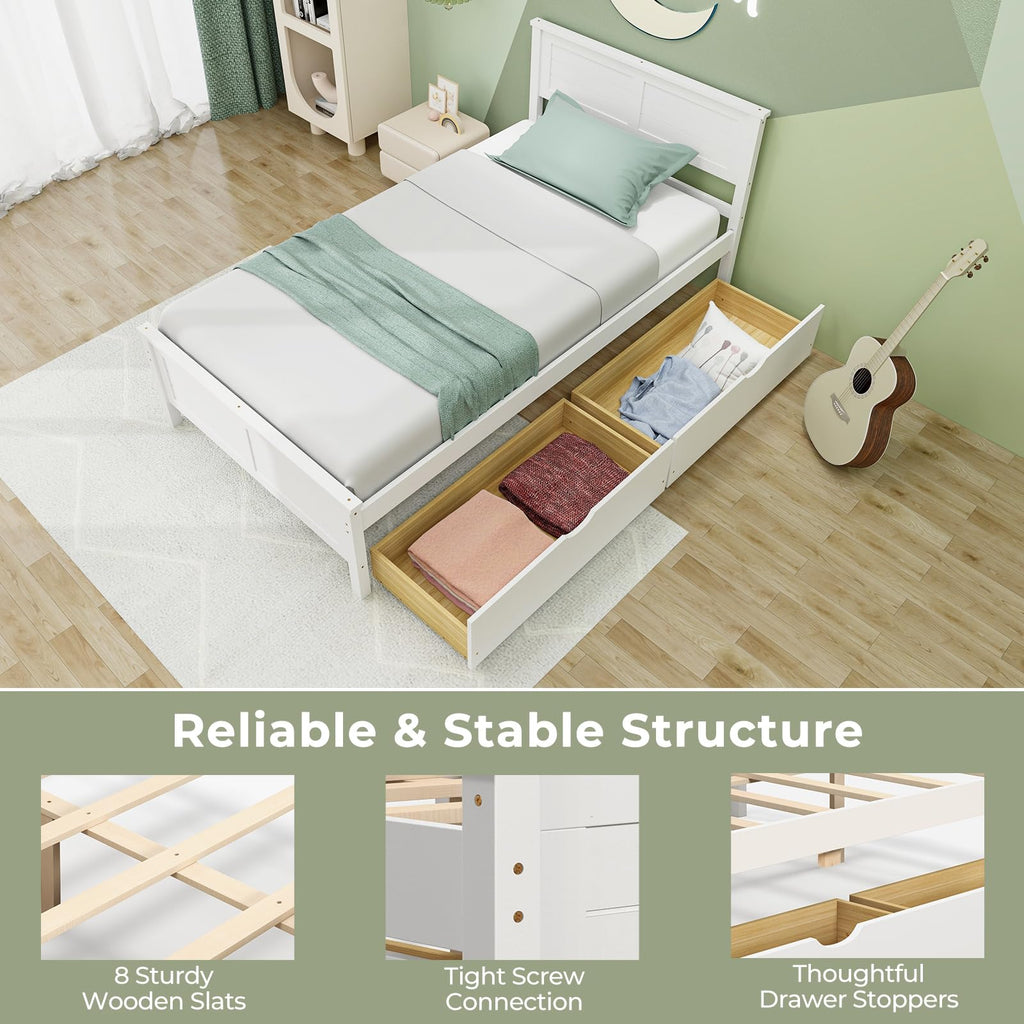 White Wood Twin Bed with 2 Storage Drawers E896