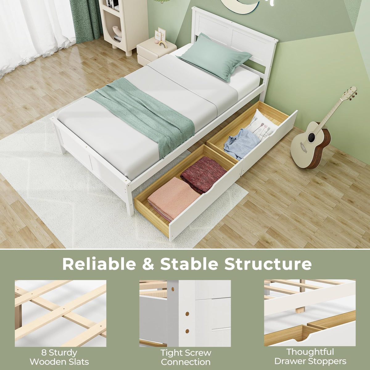 White Wood Twin Bed with 2 Storage Drawers E896