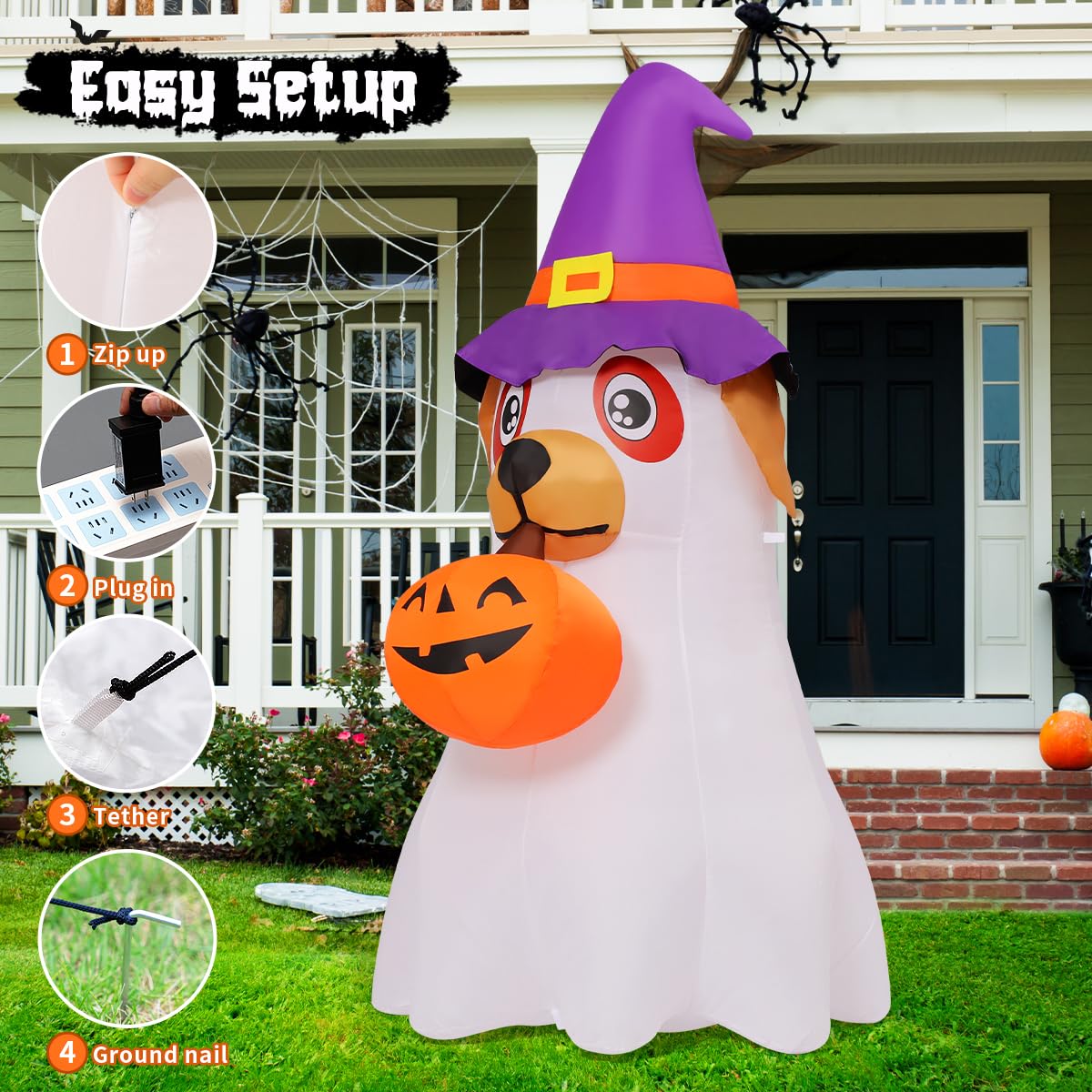 6.2 FT Halloween Inflatables Dog with Pumpkin Built-in LEDs B831943
