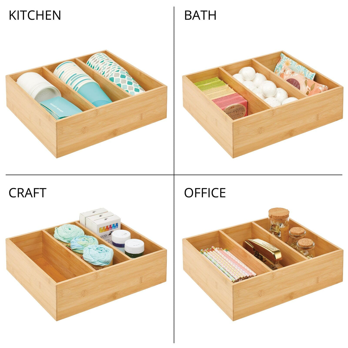 Bamboo 3 Section Stackable Pantry Organizer Bin, 2 Pack F155182