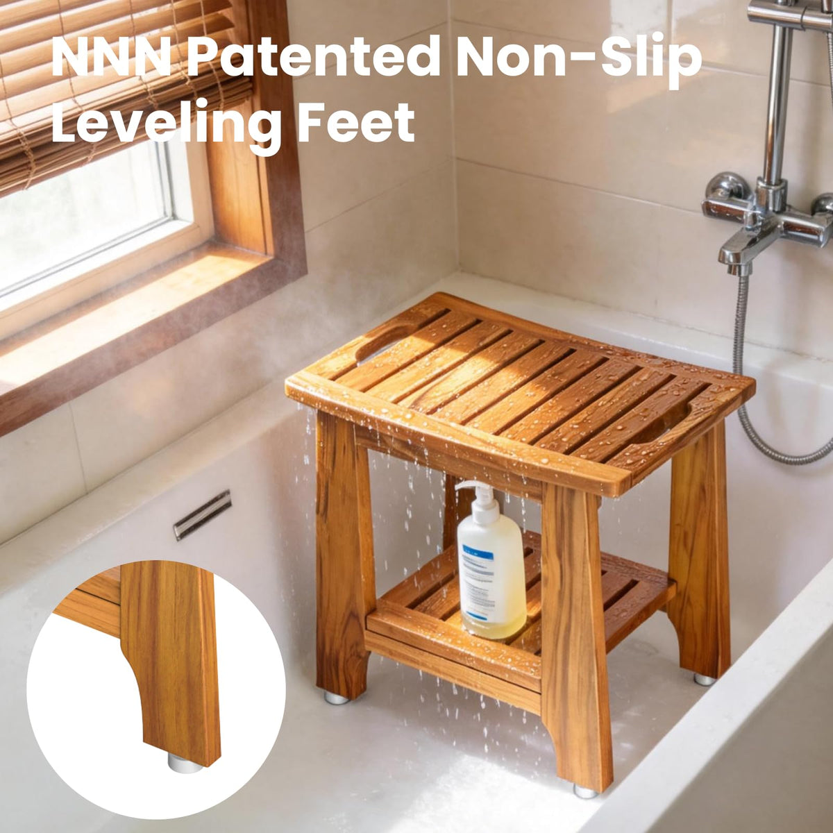18" Teak Shower Bench with Non-Slip Leveling Feet K759929