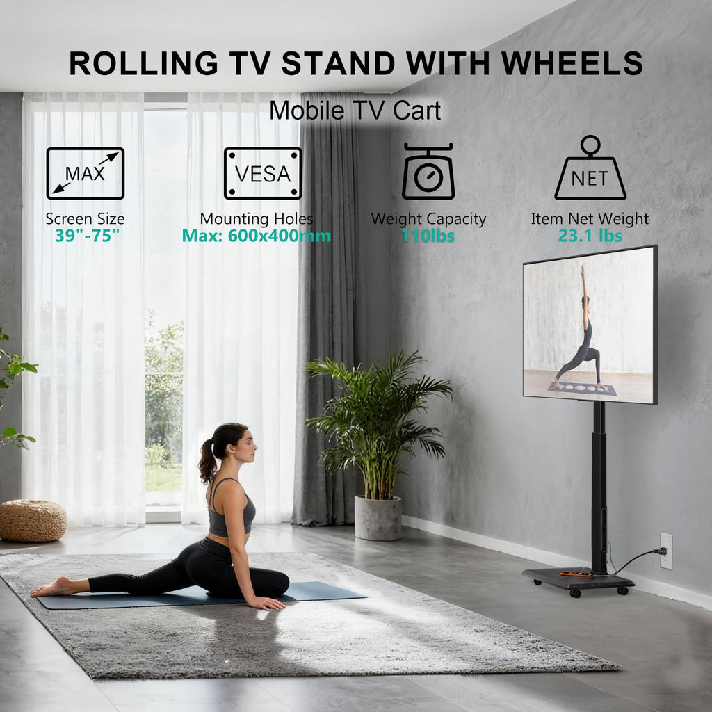 Rolling TV Stand with Power Outlet for 39-75 inch TV, Black L85334