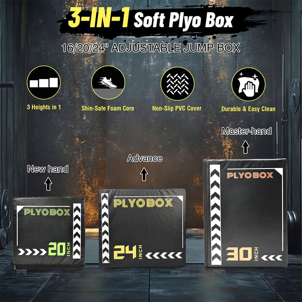 3-in-1 Foam Plyometric Jump Box, 20/24/30 Inch Plyo Box with Non-Slip PVC Cover V866636