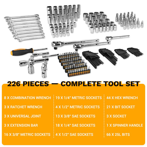 226 Pcs Mechanic Tool Set with Storage Tool Box T7829