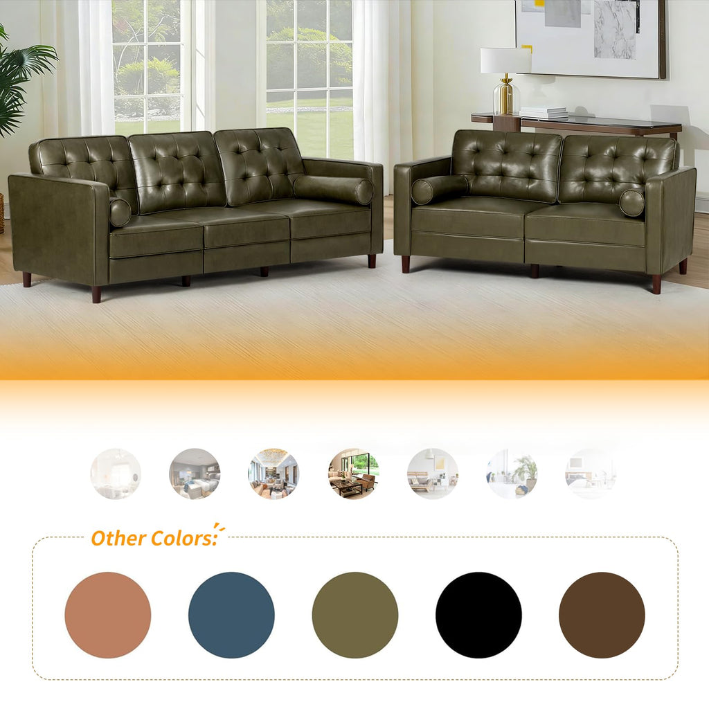67" Olive Green Faux Leather 2-Seater Sofa with Bolster Pillows Y3797